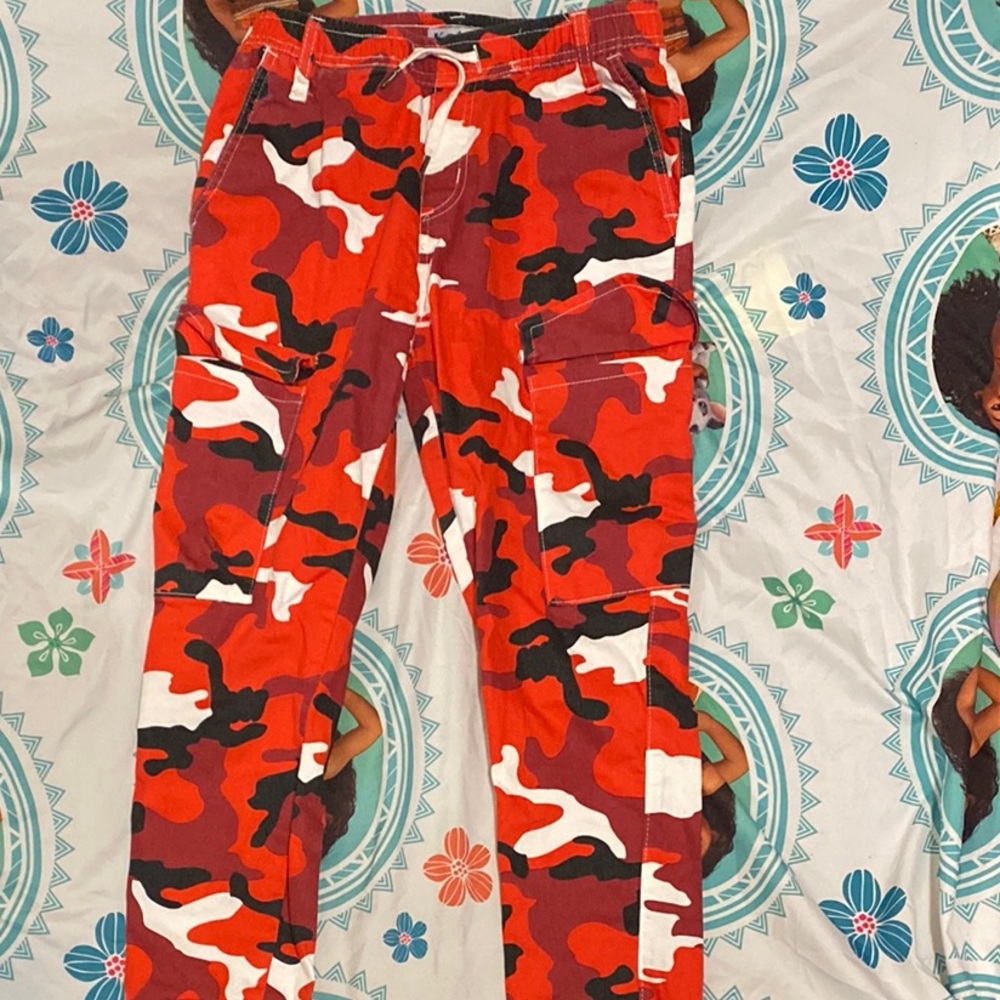 Red and White Camouflage Sweatpants with Tapered Legs